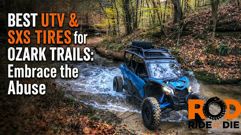 A blue SxS UTV crossing a rocky creek on rugged Missouri and Arkansas Ozark trails with rugged, durable, and high traction radial all-terrain tires.