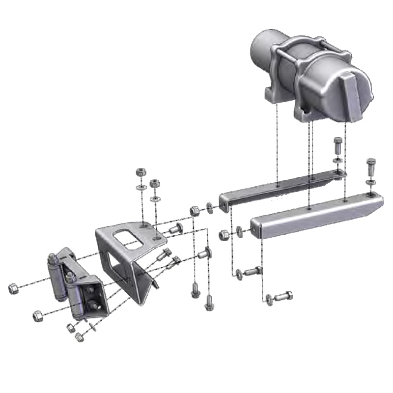 Exploded diagram view of the winch mount kit by KFI Products, designed for compatibility with a variety of winch models mounted to Polaris RZR 570 and 800 model UTVs, offered with free shipping by Ride or Die Tire.