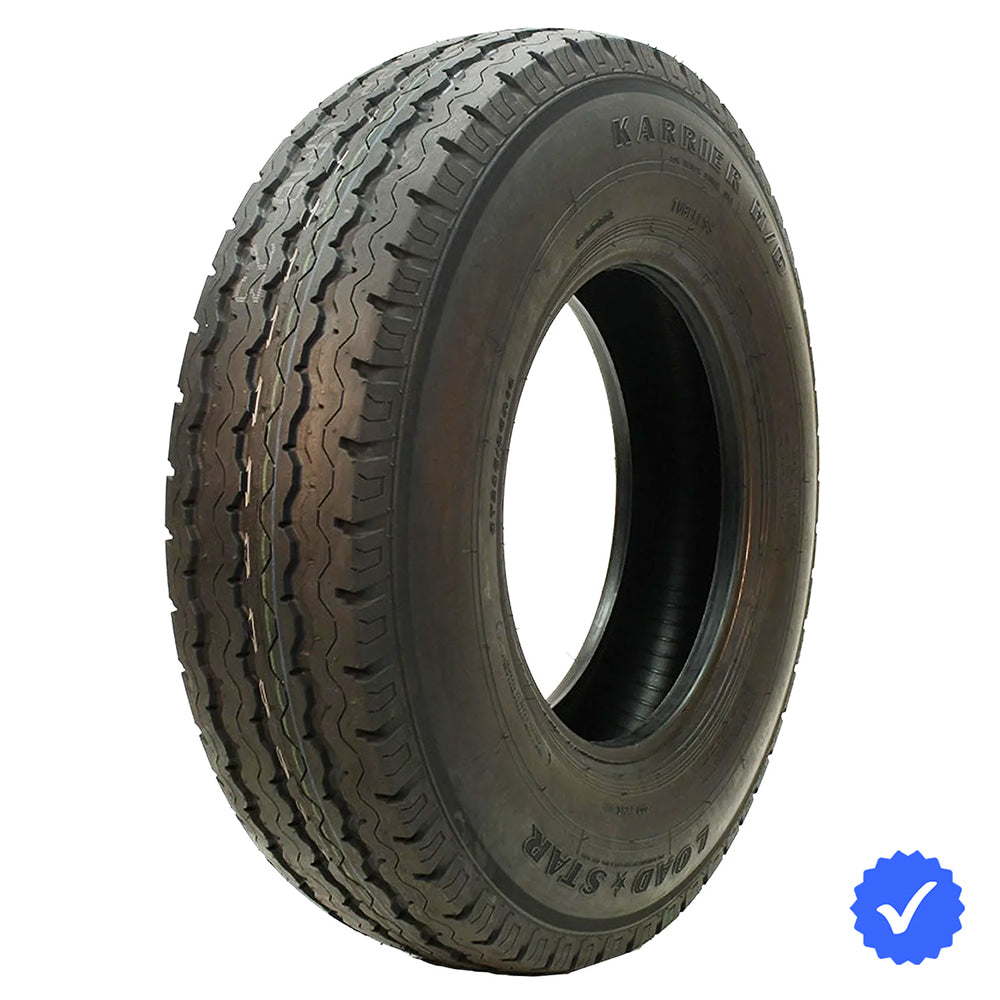 Angled view of the Heavy Duty KR18 H/D Loadstar Karrier Radial tire by Kenda, featuring Load Range F (LRF) 12-Ply construction with 3,960 pound load rating, Item #10501 and Part #09R182358516F, offered with free shipping from Ride or Die Tire.