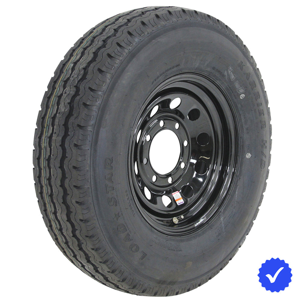 Kenda KR18 H/D Radial Load Range F 235/85R16 12-Ply Steel Belted Radial ST trailer tire mounted assembly on black steel MOD wheel with 8x6.5 bolt pattern, offered with free shipping by Ride or Die Tire at unbeatable prices, part numbers 20799 and 10501.