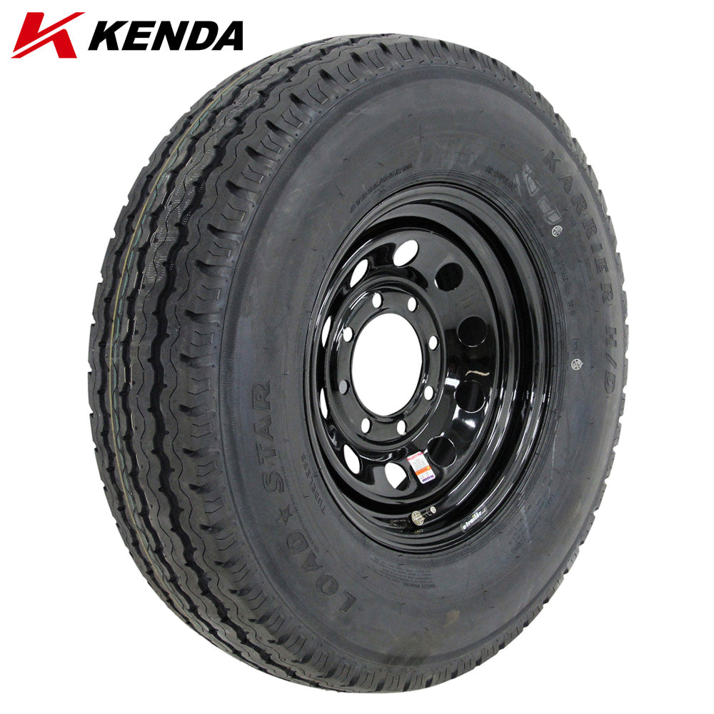 Kenda KR18 H/D Radial Load Range F 235/85R16 12-Ply Steel Belted Radial ST trailer tire mounted assembly on black steel MOD wheel with 8x6.5 bolt pattern, offered with free shipping by Ride or Die Tire at unbeatable prices, part numbers 20799 and 10501.