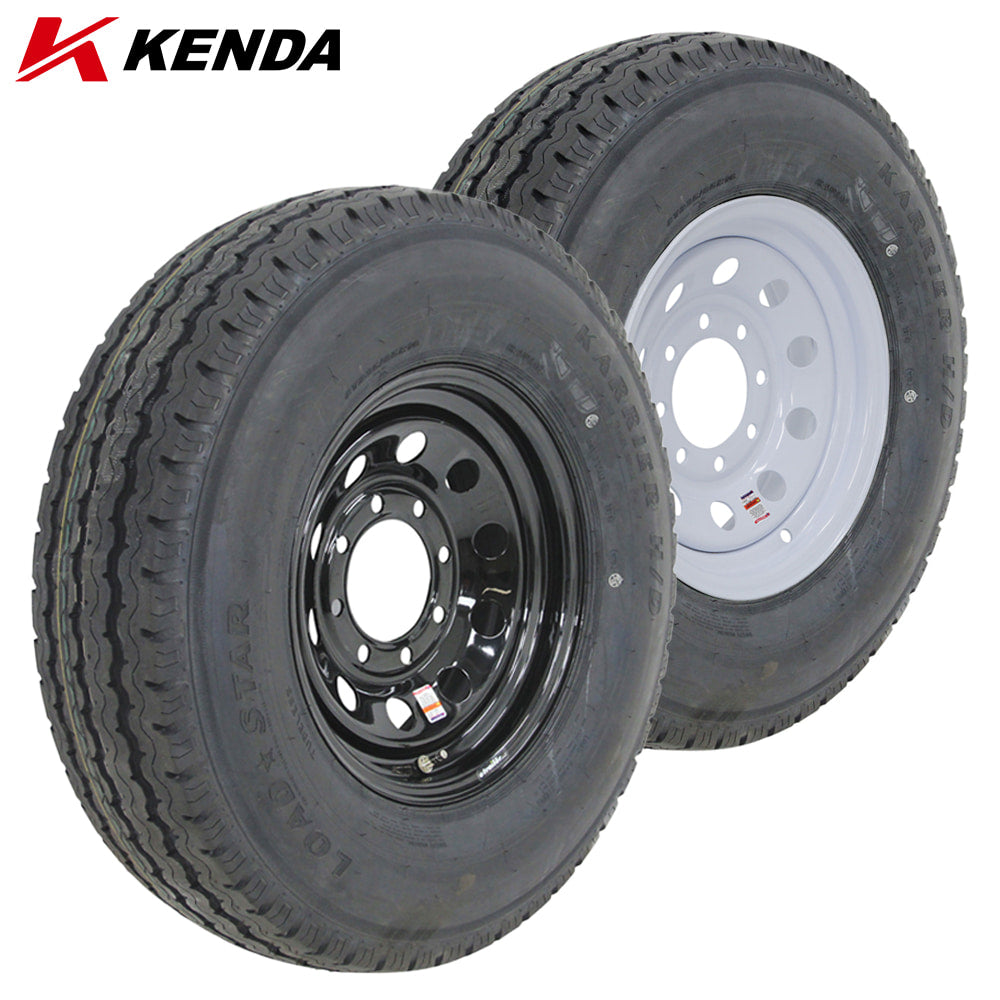 Kenda KR18 H/D Radial Load Range F 235/85R16 12-Ply Steel Belted Radial ST trailer tire mounted assembly on your choice of white or black steel MOD wheel with 8x6.5 bolt pattern, offered with free shipping by Ride or Die Tire at unbeatable prices.