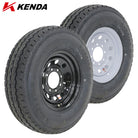 Kenda KR18 H/D Radial Load Range F 235/85R16 12-Ply Steel Belted Radial ST trailer tire mounted assembly on your choice of white or black steel MOD wheel with 8x6.5 bolt pattern, offered with free shipping by Ride or Die Tire at unbeatable prices.