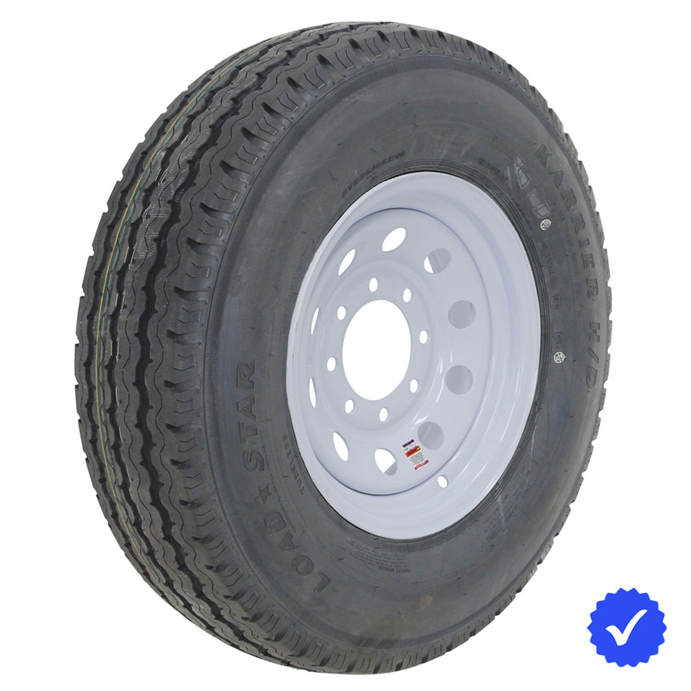 Kenda KR18 H/D Radial Load Range F 235/85R16 12-Ply Steel Belted Radial ST trailer tire mounted assembly on white steel MOD wheel with 8x6.5 bolt pattern, offered with free shipping by Ride or Die Tire at unbeatable prices, part numbers 20789 and 10501.