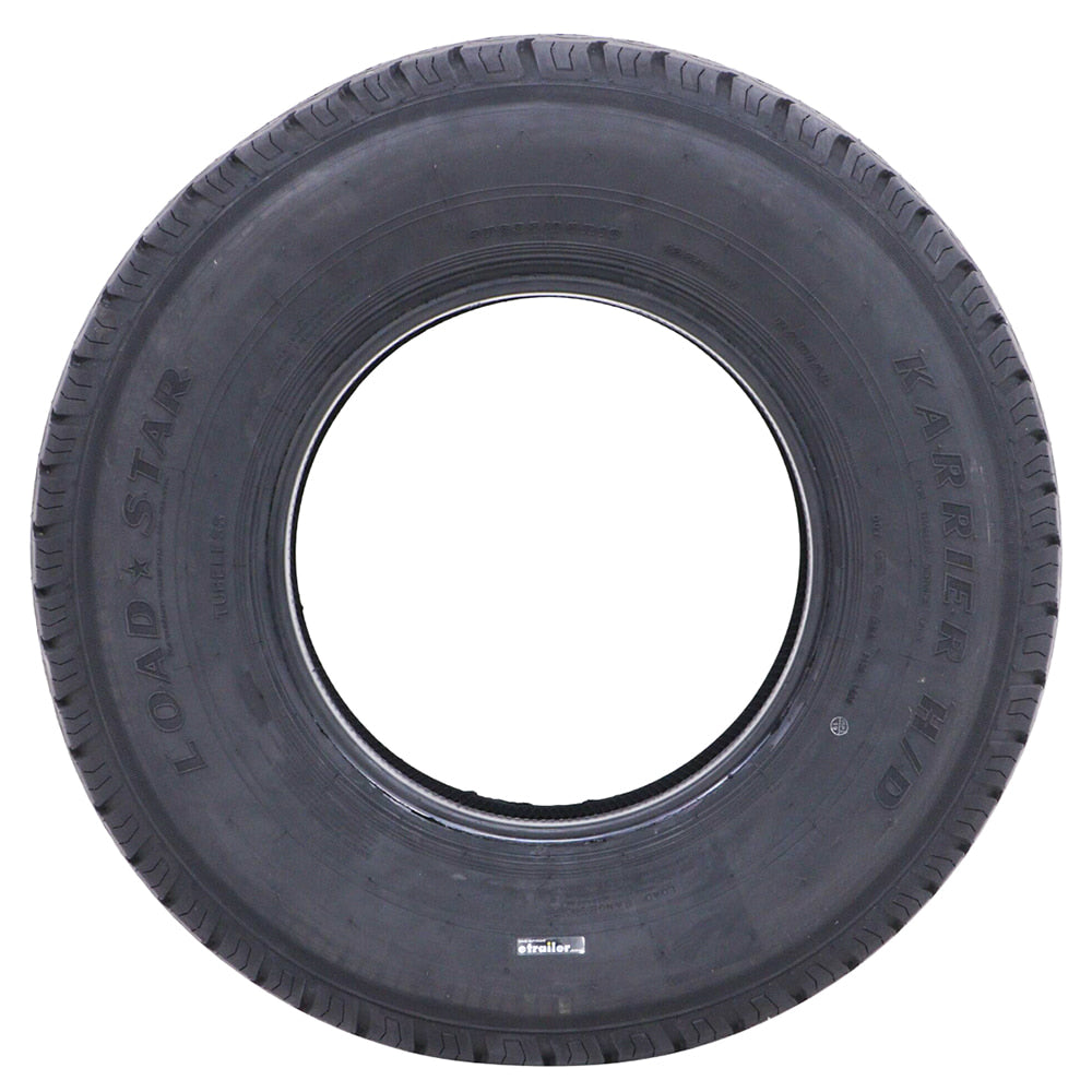 Sidewall view of the Karrier H/D Load Star 16" Load Range F trailer special use 12-Ply SBR tire, available for purchase individually or in multiples, featuring a 128M load and speed rating and DOT approved rating.