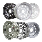 A collection of Dexstar MOD steel trailer wheels in various finishes including white, silver, chrome, and black. They are displayed in two rows with the top row showing the back side of the wheels and the bottom row showing the front side and available in 12", 13", 14", 15", and 15" rim sizes.
