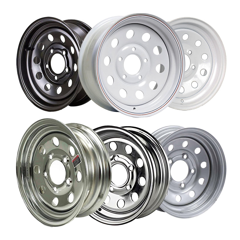 A collection of Dexstar MOD steel trailer wheels in various finishes including white, silver, chrome, and black. They are displayed in two rows with the top row showing the back side of the wheels and the bottom row showing the front side and available in 12", 13", 14", 15", and 15" rim sizes.