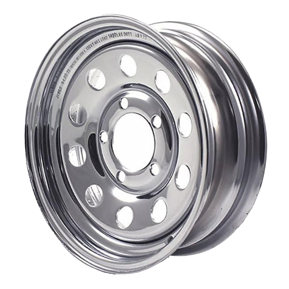 14" Kenda Steel Trailer Wheel (14x5.5JJ / 0-Offset / 3.19 Pilot) Chrome, Dexstar Part# 20368.