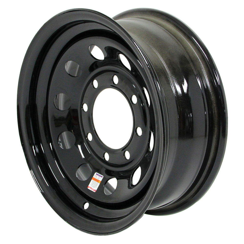 Angled view of 16x6k MOD black steel wheel with 8-6.5 bolt pattern and 4,400lb load rating paired with Load Range F (LRF) KR18 heavy duty 235/85-16 radial Loadstar tire.