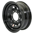 Angled view of 16x6k MOD black steel wheel with 8-6.5 bolt pattern and 4,400lb load rating paired with Load Range F (LRF) KR18 heavy duty 235/85-16 radial Loadstar tire.