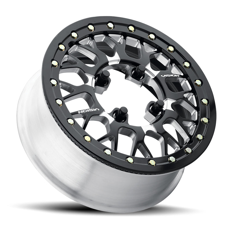 Angled view of the Storm 346BL Beadlock forged aluminum wheel in black and milled aluminum finish and available in 15" wheel sizes, manufactured by VISION wheel.