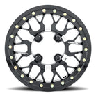 Front face view of the Storm 346BL beadlock forged aluminum high performance premium UTV wheel in milled aluminum and satin black finish, featuring stainless steel beadlock bolt and washer hardware, available in 15" sizes for all major bolt patterns, offered with free shipping.