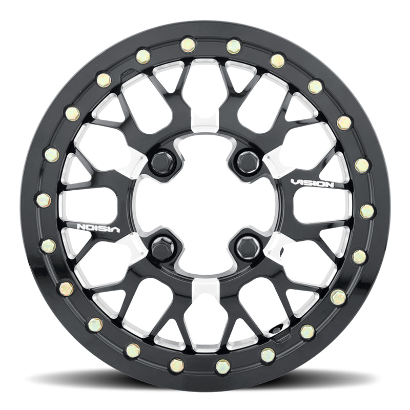 Front face view of the Storm 346BL beadlock forged aluminum high performance premium UTV wheel in milled aluminum and satin black finish, featuring stainless steel beadlock bolt and washer hardware, available in 15" sizes for all major bolt patterns, offered with free shipping.