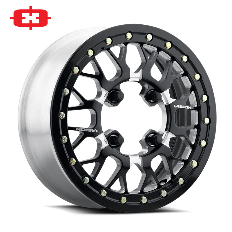Vision 346 BL Storm Beadlock UTV forged aluminum premium performance wheel in black and milled/machined aluminum accent finish, available in 4x137, 4x156, 5x4.5, and 6x5.5 bolt patterns, 15" wheel sizes, and offered with free shipping.