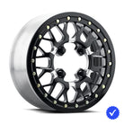Angled view of the Forged aluminum VISON 346BL Storm Beadlock UTV and SXS wheel, offered in 15" rim sizes, in milled aluminum accent black finish with popular bolt patterns and limited lifetime warranty, offered with free shipping.