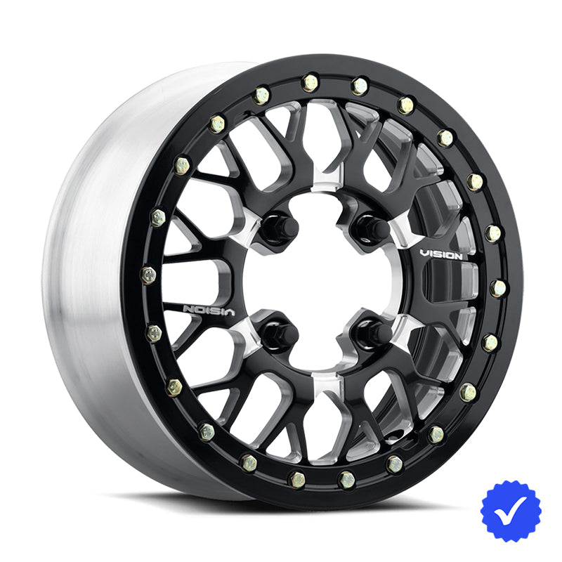 Angled view of the Forged aluminum VISON 346BL Storm Beadlock UTV and SXS wheel, offered in 15" rim sizes, in milled aluminum accent black finish with popular bolt patterns and limited lifetime warranty, offered with free shipping.