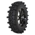 Angled view of the mounted wheel and tire combo designed for UTV and SXS applications by Frontline in 20" 556 Wheel and 35" tall ACP tire.