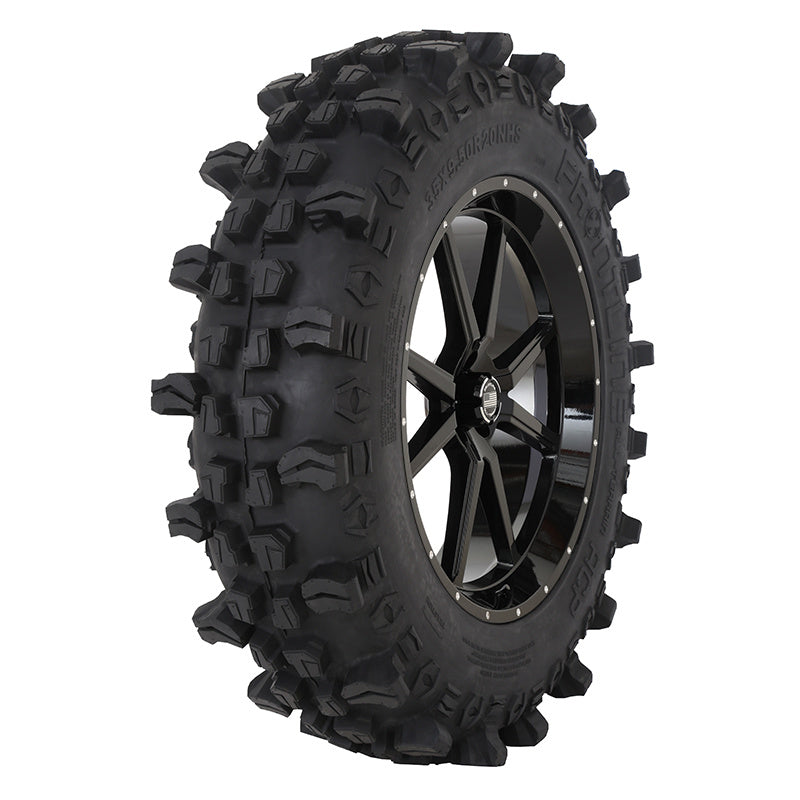 Angled view of the mounted wheel and tire combo designed for UTV and SXS applications by Frontline in 20" 556 Wheel and 35" tall ACP tire.