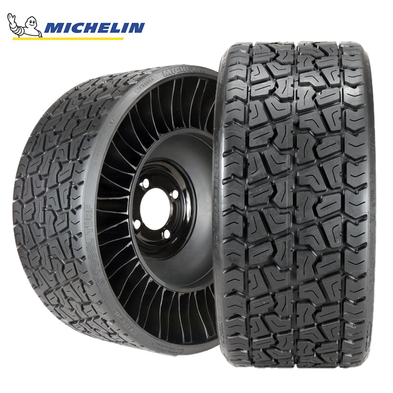 Main photo featuring the heavy duty utility Michelin XTweel airless tire in 18x8.5-10 or 205/50-10 size with 4x4 bolt pattern, designed for utility carts and zero turns, offered with free shipping, Part #78245.