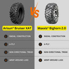 Arisun Bruiser XAT UTV tire compared to Maxxis Bighorn 2.0 UTV tire