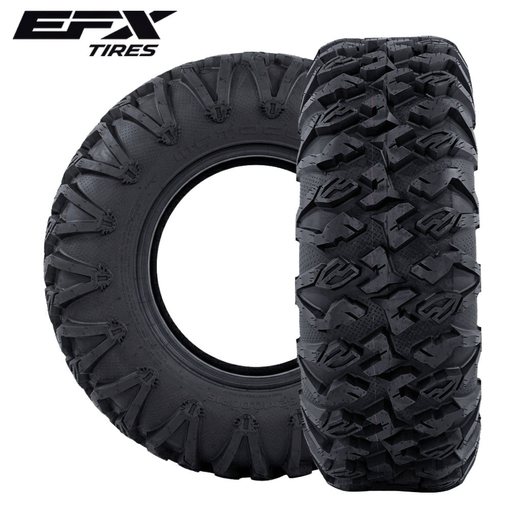 Two EFX MotoClaw UTV & ATV tires at perpendicular angles with EFX Tires logo