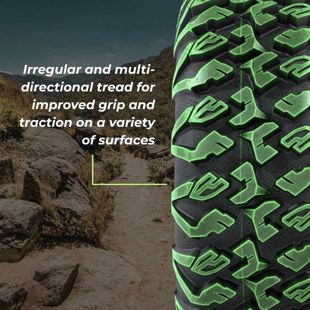 Tread pattern of the EFX MotoClaw highlighted green with text saying "Irregular and multi-directional tread for improved grip and traction on a variety of surfaces"