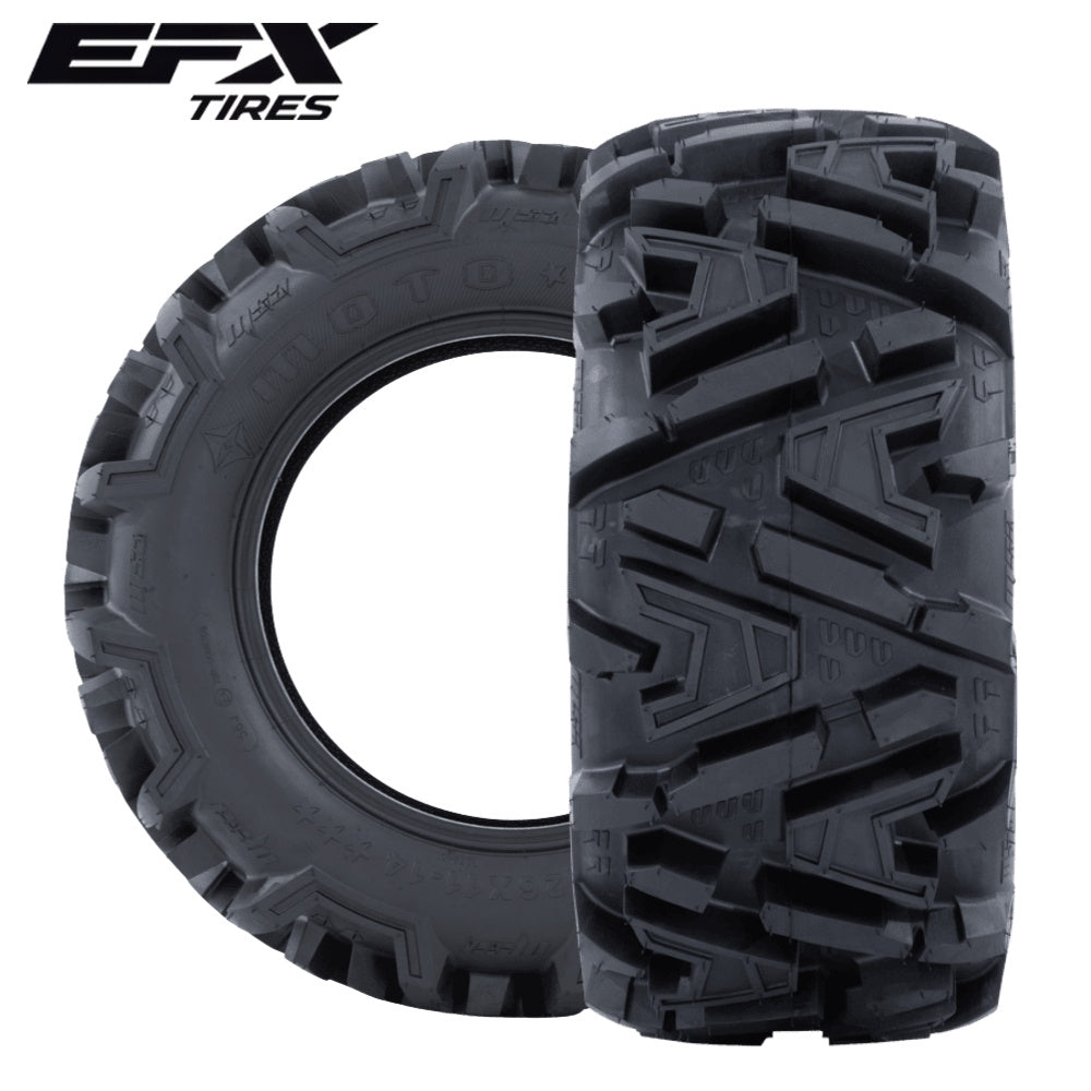 EFX MotoMTC Tires at perpendicular angles with EFX logo on white background