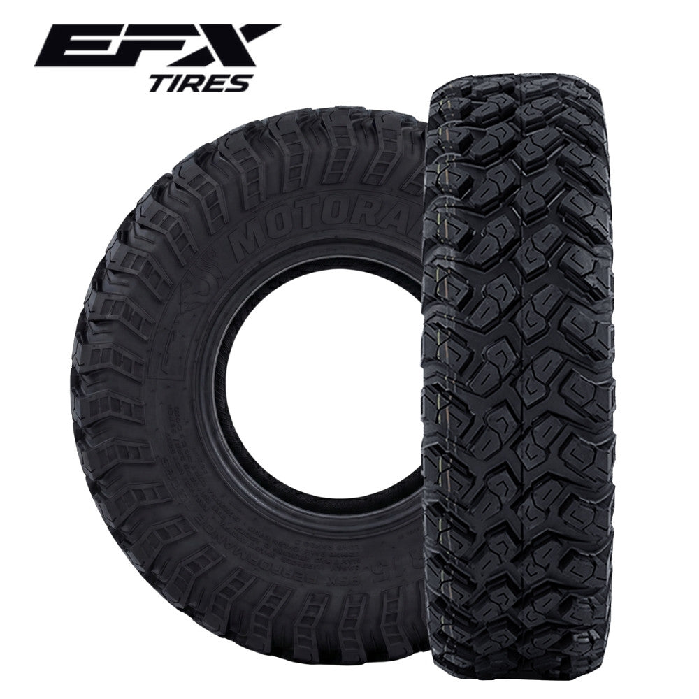 EFX MotoRally UTV tires perpendicular to each other with the EFX tires logo