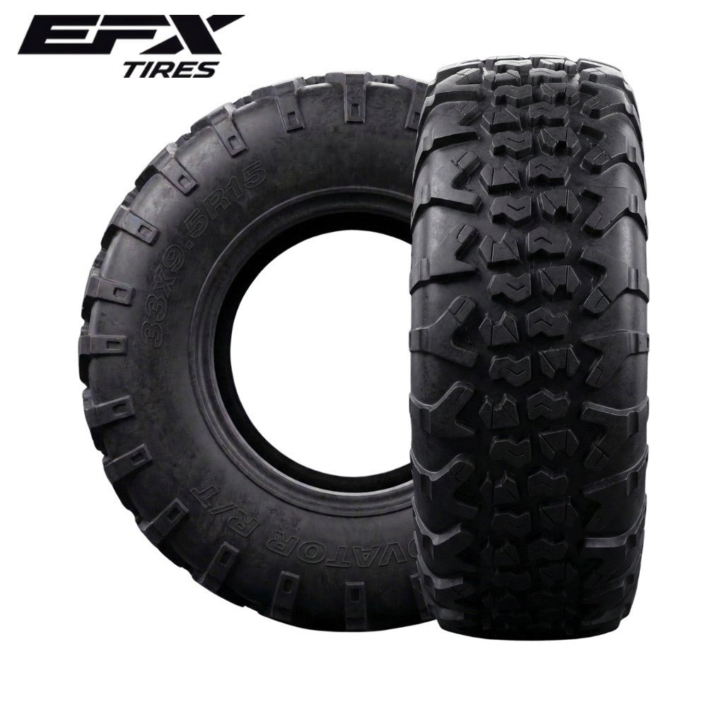 Two EFX Motovator R/T tires with prominent tread pattern on a white background, featuring EFX Tires branding.