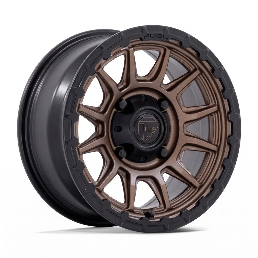 Fuel UTV FV866 Piston 15x7 Wheel with Matte Bronze Finish shown at a three quarter angle showing wheel face and wheel body on a completely white background.