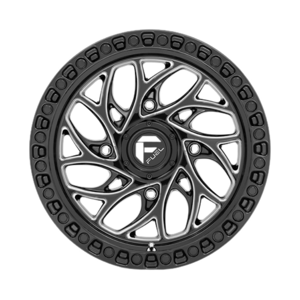 Fuel UTV Runner Simulated Beadlock UTV Wheel- Gloss Black Milled spoke design close up on a white background