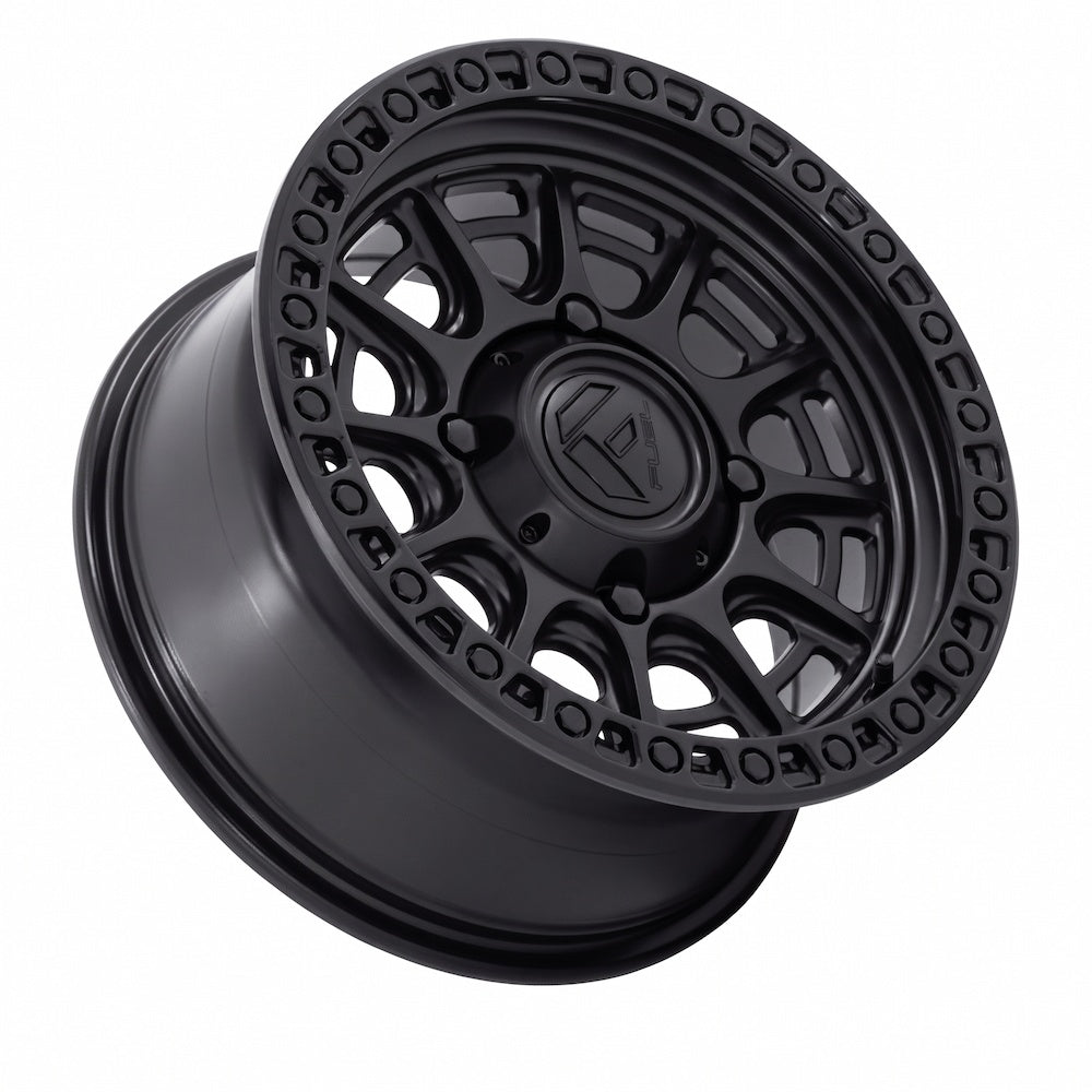 Fuel UTV FV832 CYCLE UTV 15x7 Matte Black with Gloss Black Lip Wheel shown at an angle on white background