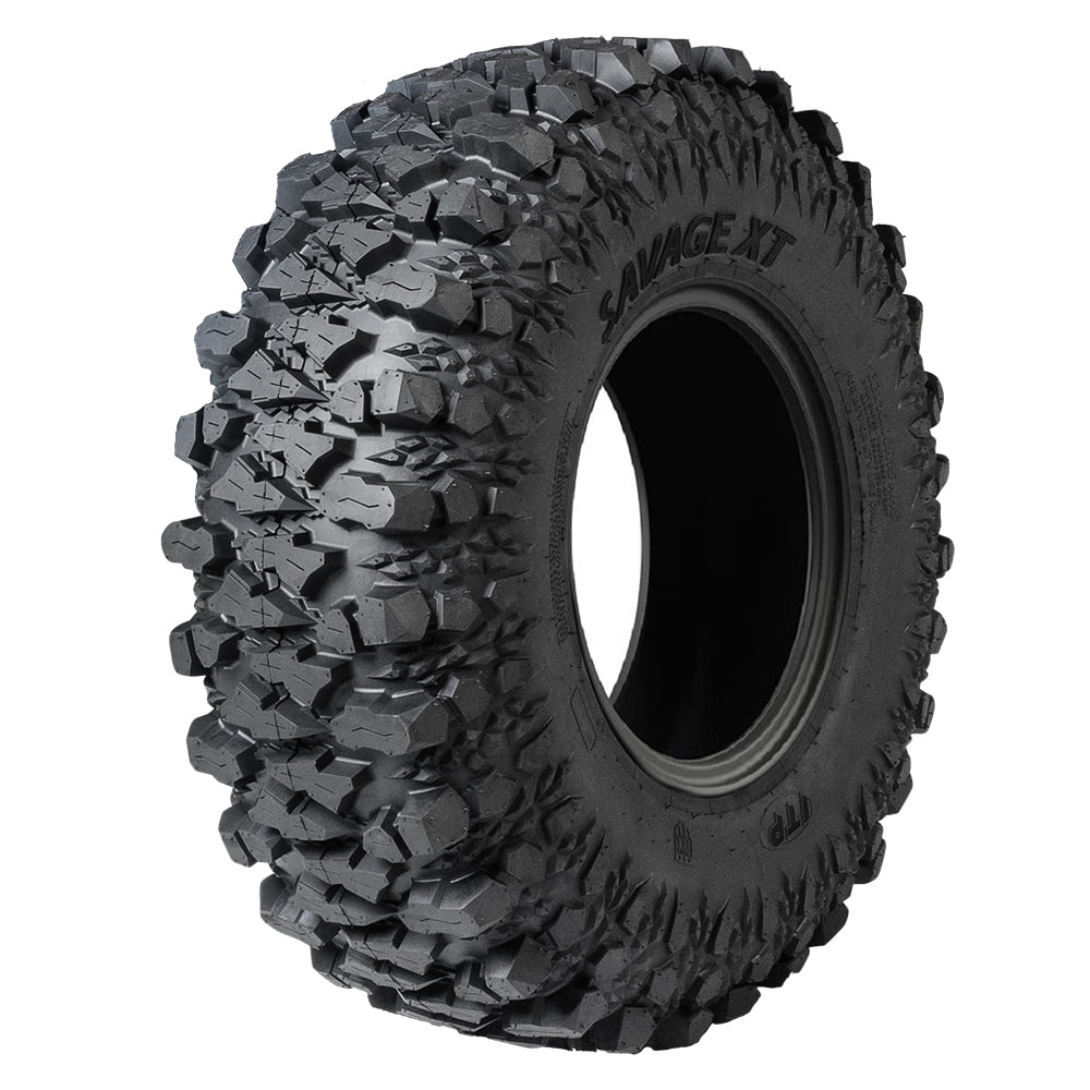 Alternate angled view of the new Made in the USA ITP Savage XT high performance rock crawling UTV tire, with optional HARC hyper-adhesion rubber compound with super stickly capability.