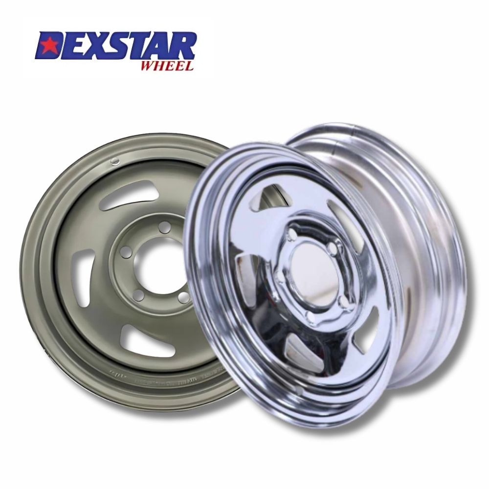 Dexstar Chrome and Silver Directional Steel trailer wheels with Dexstar logo