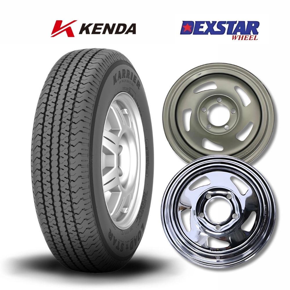 Kenda Karrier KR03 Trailer tire with Dexstar Steel Silver & Chrome Directional trailer wheels w/ logos