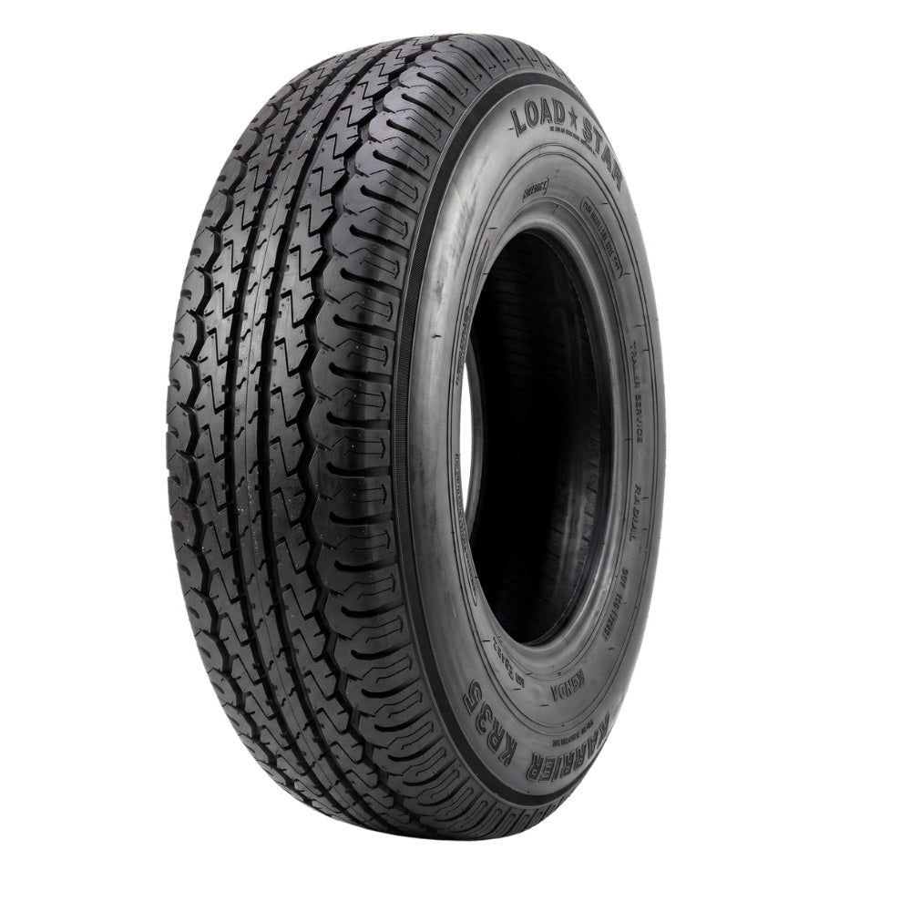 A single Kenda Karrier KR35 trailer tire shown at a three-quarter angle on a plain white background