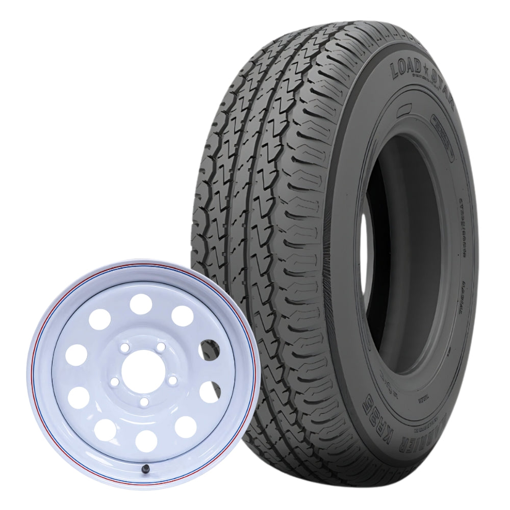 Kenda® Karrier (KR35) ST205/75R15 Radial Trailer Tire (Load Range C) - 15"x5" Steel MOD White w/ Stripes Wheel (5 on 5.0 Bolt Pattern)