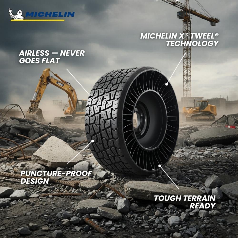 Michelin Tweel airless tire with features highlighted on a construction site background
