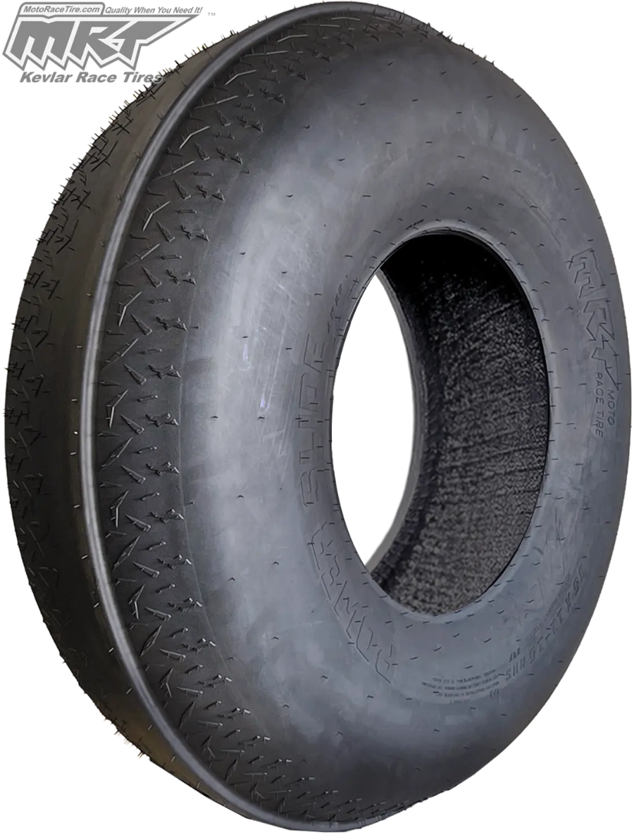 Angled view of the MRT Power Slide front rib tire for sand and dunes, featuring an easy-rolling design and radial 4-ply construction for top steering control, offered for sale with free shipping by authorized dealer Ride or Die Tire.