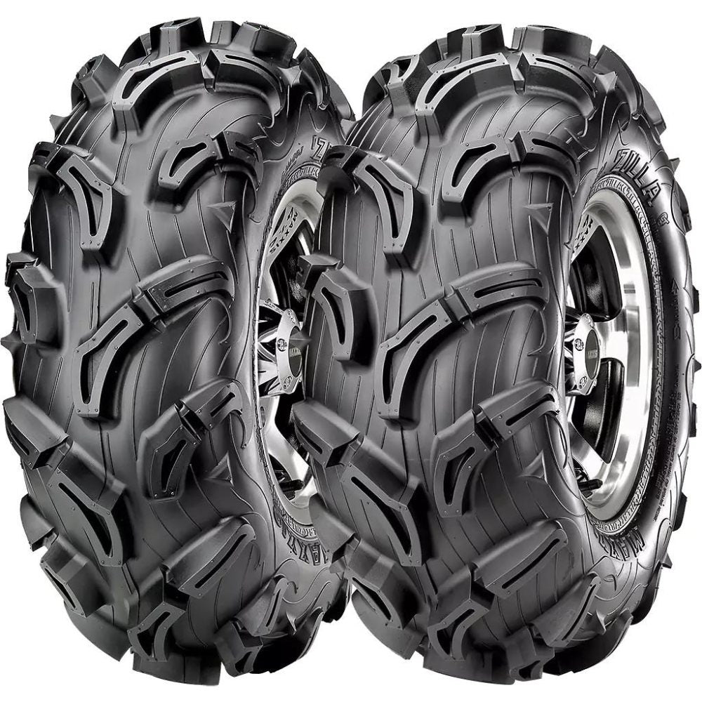 Set of front and rear Maxxis® Zilla UTV Tires, mounted on wheels and inflated to proper PSI for display purposes, offered with free shipping.