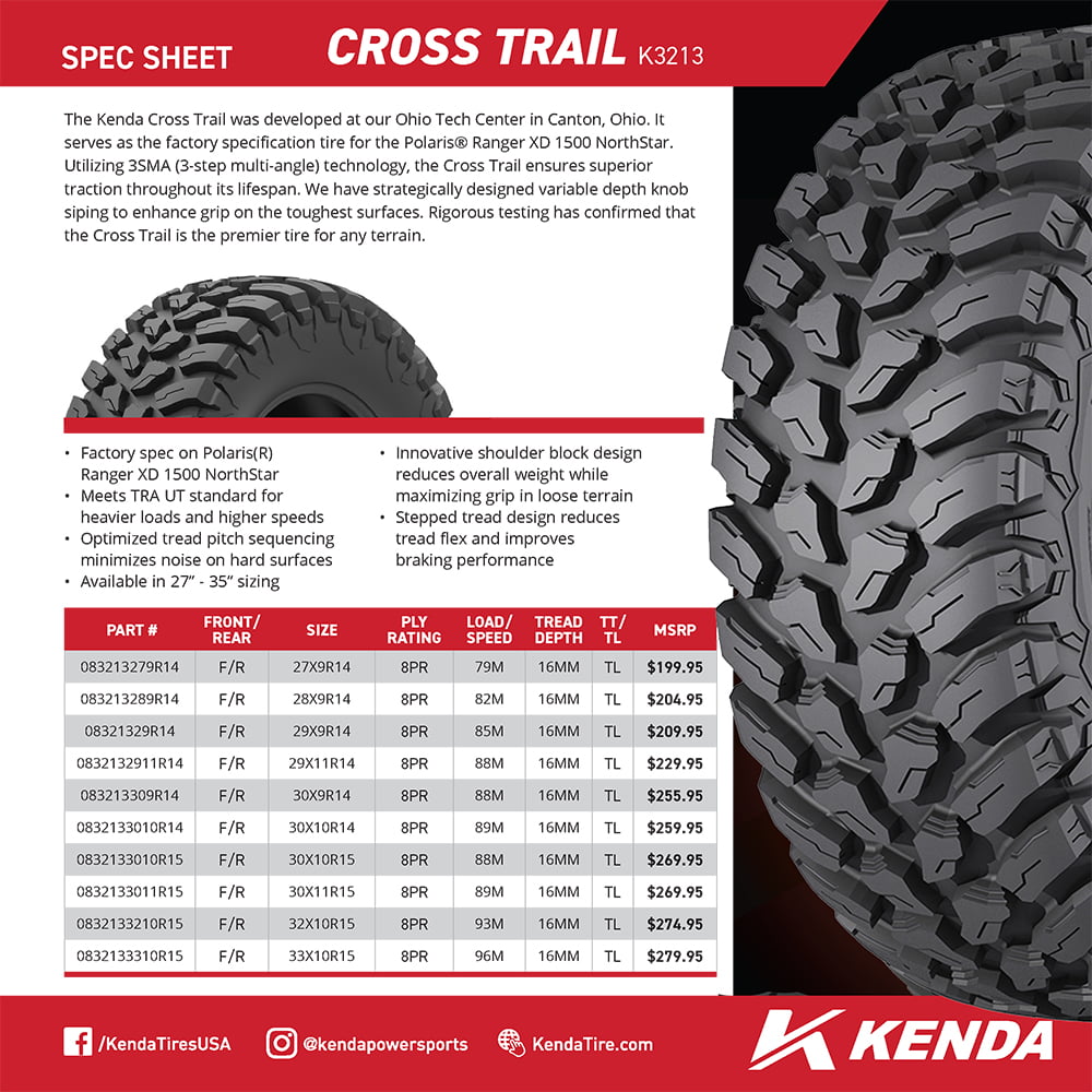Specification table/chart for the brand new Kenda K3213 Cross Trail 8-Ply Radial UTV tire, featuring 3-step multi-angle lug technology and variable depth knob siping to enhance grip on toughest surfaces, available in 27" - 35" tall tire sizes, offered for sale by Ride or Die Tire.