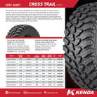 Specification table/chart for the brand new Kenda K3213 Cross Trail 8-Ply Radial UTV tire, featuring 3-step multi-angle lug technology and variable depth knob siping to enhance grip on toughest surfaces, available in 27" - 35" tall tire sizes, offered for sale by Ride or Die Tire.