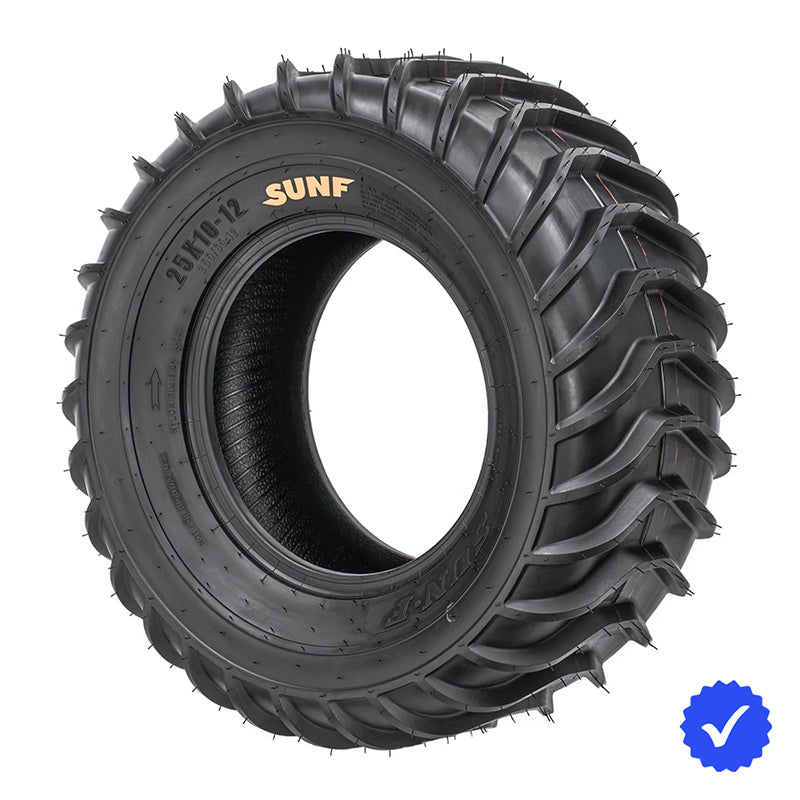 SunF A061 sand and mud paddle tire available in 25x8-12 and 25x10-12 sizes, designed for ATVs and UTVs, made with 6-ply bias construction and offered with free shipping by Ride or Die Tire.