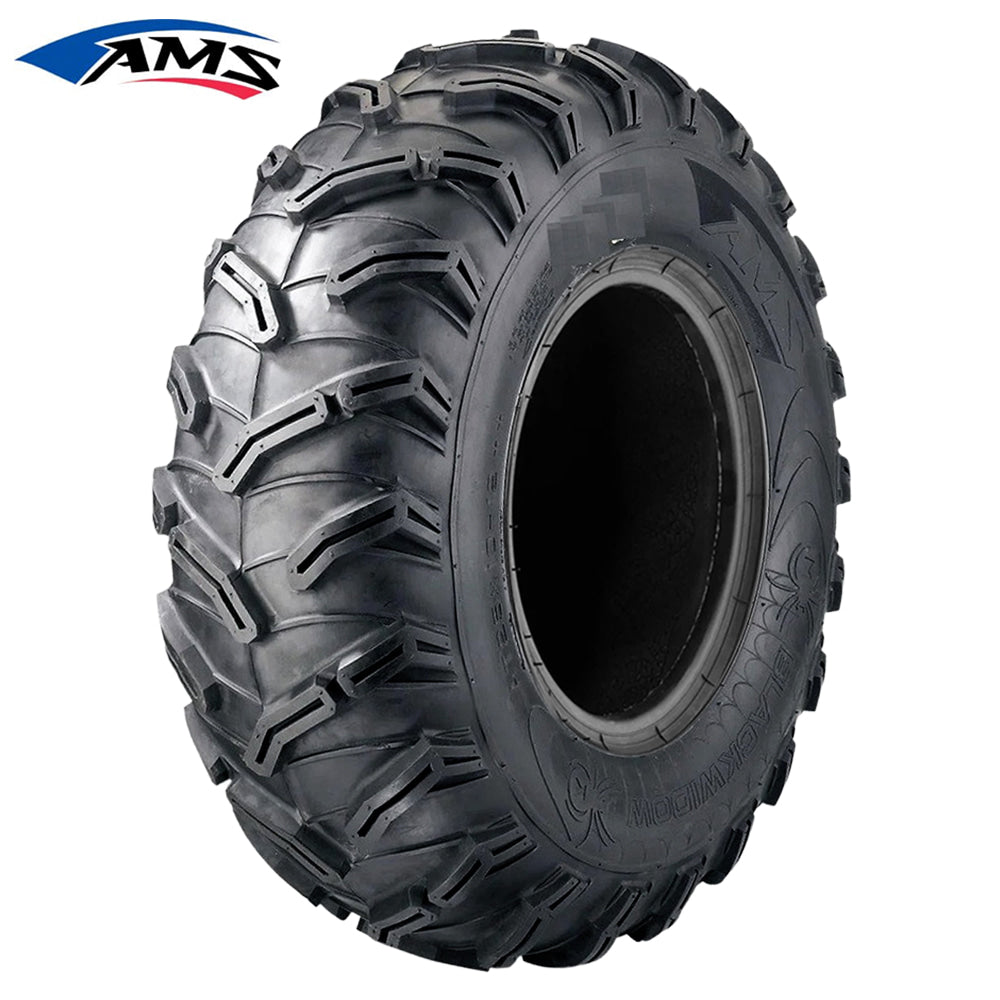 Main product listing view of the AMS Black Widow 6-ply Bias construction ATV and UTV tire, featuring a directional deep lug design for high traction as a mud tire and all terrain tire, available in sizes for 12" diameter wheels, offered for sale by Ride or Die Tire.