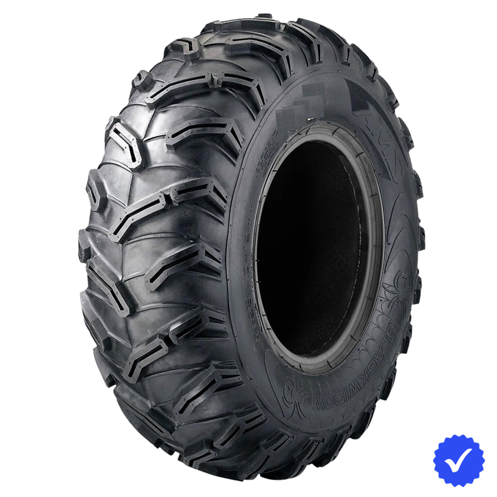 Angled view of the AMS Black Widow ATV tire, featuring an aggressive all-terrain directional tread pattern design and tough 6-ply bias construction, offered in 25x8-12, 25x10-12, 26x9-12, and 26x11-12 sizes, all with free shipping.