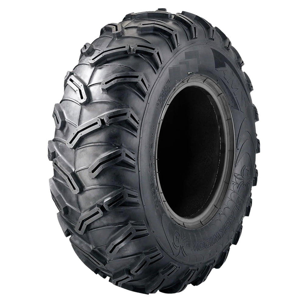 Angled view of the AMS Black Widow ATV tire, featuring an aggressive all-terrain directional tread pattern design and tough 6-ply bias construction, offered in 25x8-12, 25x10-12, 26x9-12, and 26x11-12 sizes, all with free shipping.