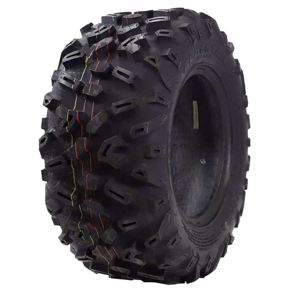 Angled view of the AMS Blacktail rear tire designed for UTV, SXS, and ATV/Quad applications, featuring smooth driving 6 or 8-ply radial construction and built-in rim guard, available in sizes for 12", 14", and 15" rim diameters, for sale with free shipping.