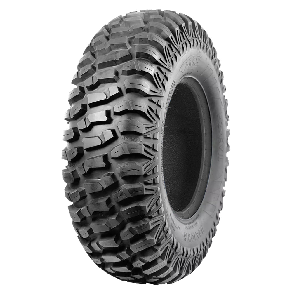 Angled view of the M2 Evil all-terrain 6-ply or 8-ply Radial UTV and SXS front tire, designed for high performance machines, featuring a smooth ride and rugged dependability, offered with free shipping from Ride or Die Tire.