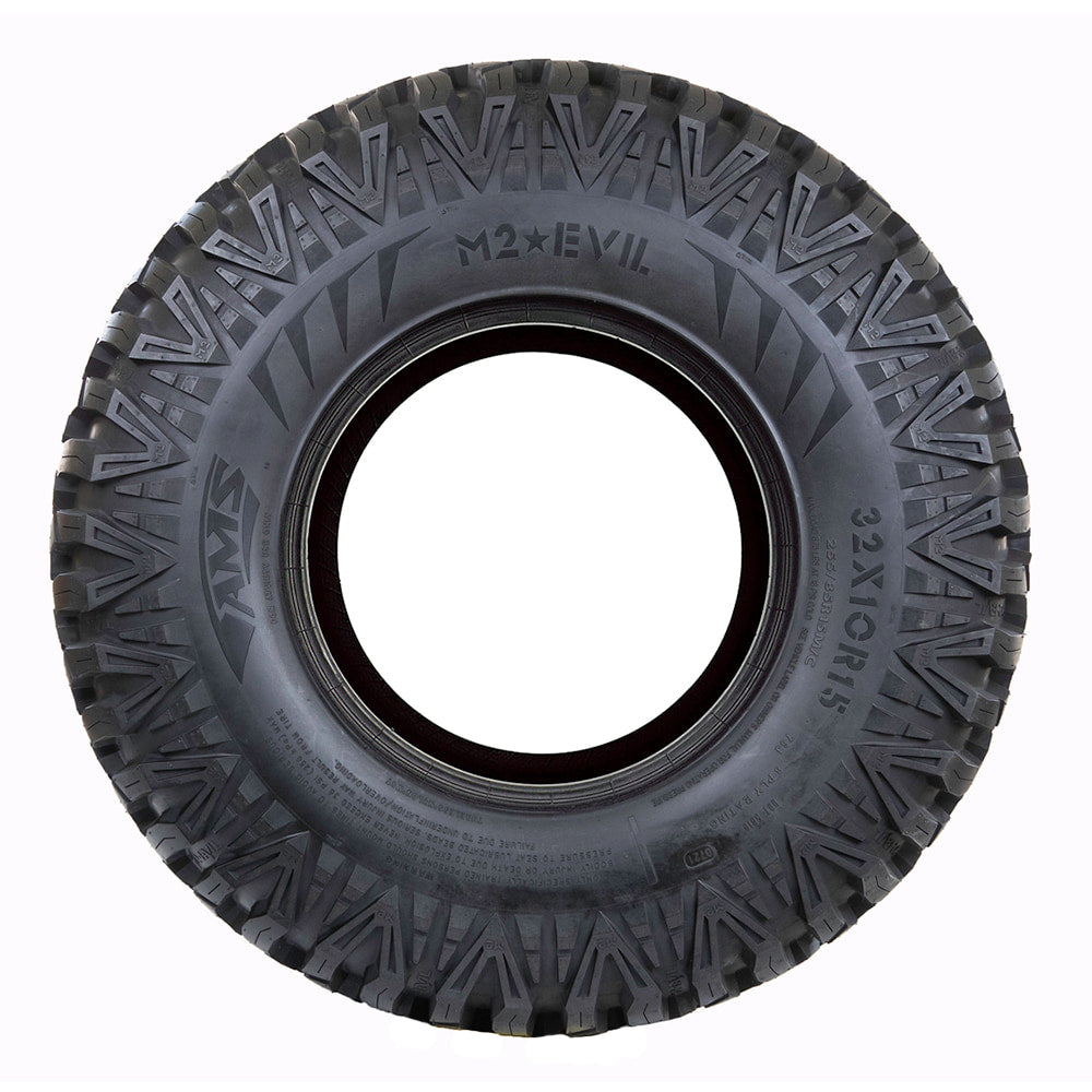 Full sidewall view of the new AMS Tire M2 Evil all-terrain UTV and SXS tire in 32x10R15 size, featuring aggressive shoulder lug design and heavy duty sidewall construciton.