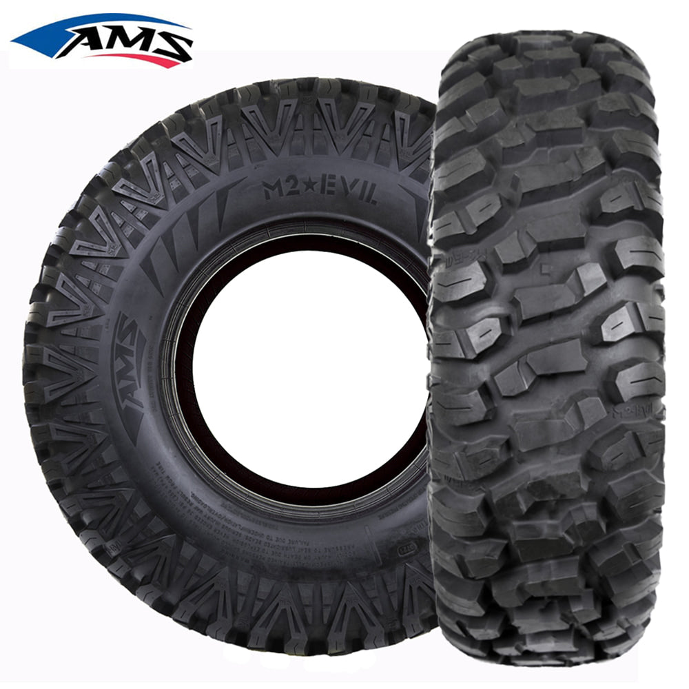 Main product photo of the AMS M2 Evil radial UTV and Side-by-Side All Terrain tires in 6-ply or 8-ply construction, with high traction, long wearing tread design, available in all popular sizes in 12", 14", and 15" wheel diameters, all offered with free shipping.